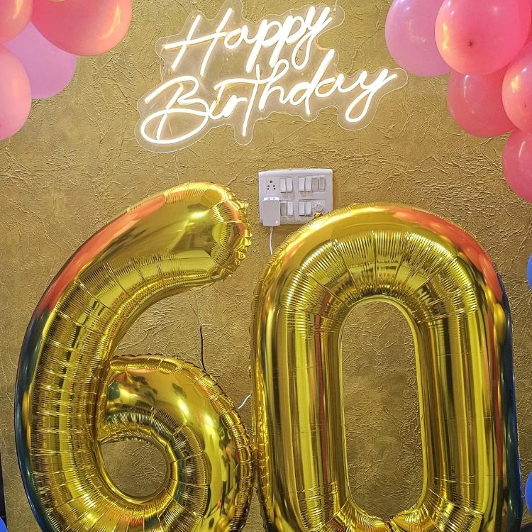 Colorful birthday balloon decoration setup at home